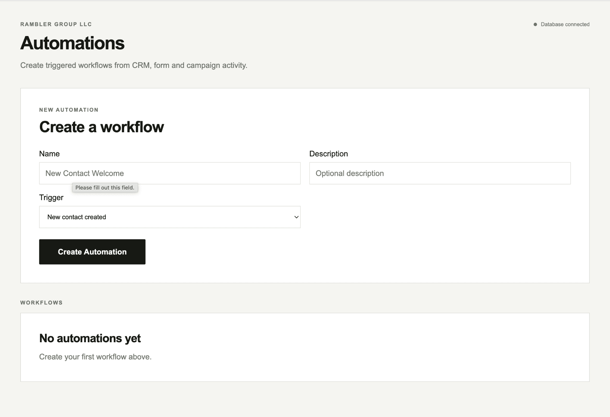 Rambler Marketing automations screen showing workflow creation, trigger selection, and automation management.