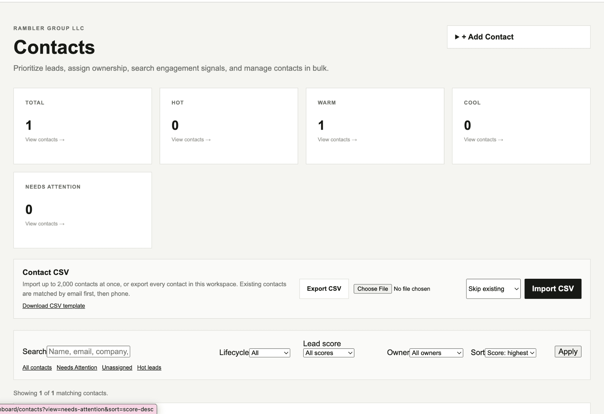 Rambler Marketing contacts screen showing lifecycle and lead score filters, CSV import and export, ownership, and contact status summaries.