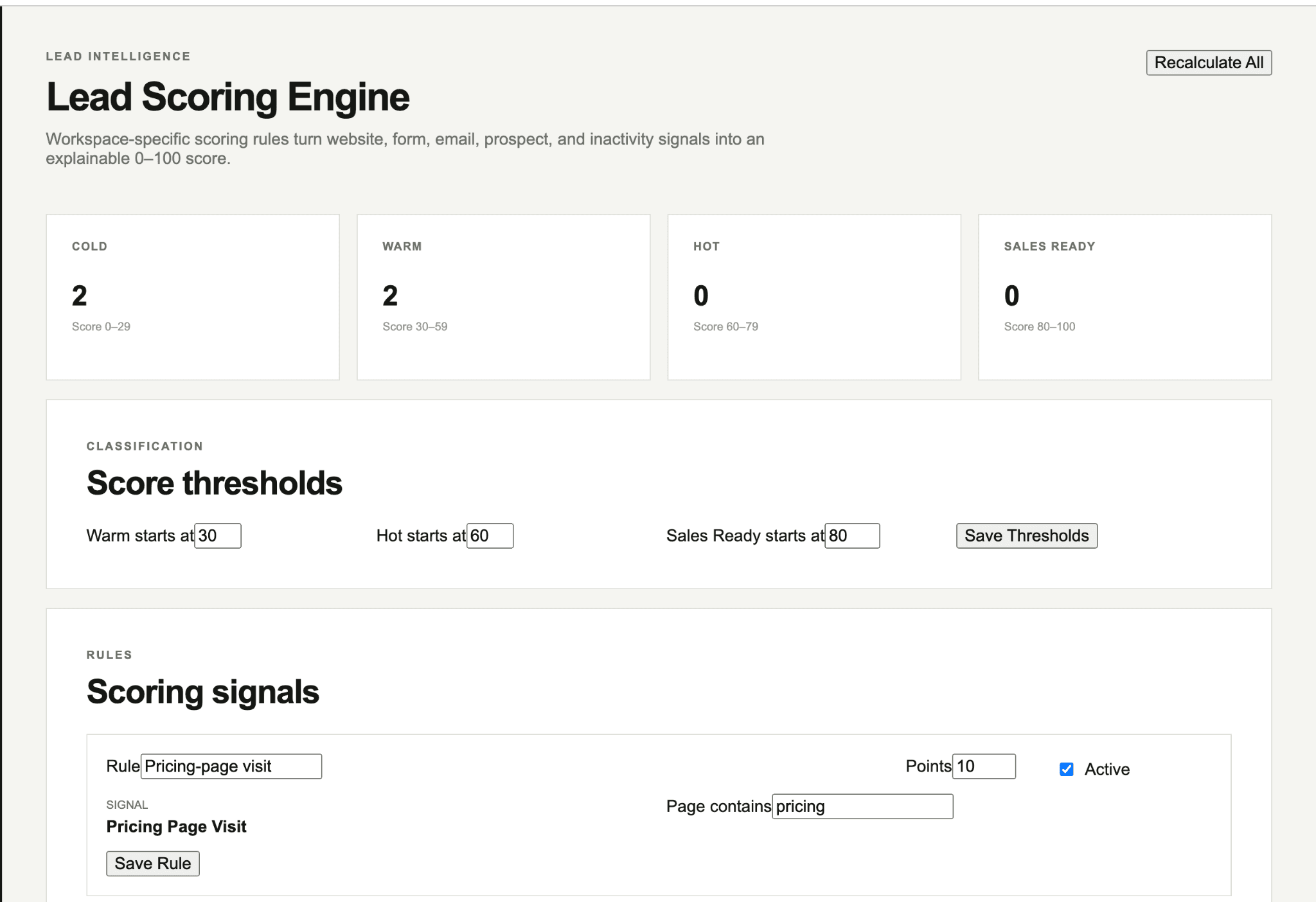 Rambler Marketing lead scoring engine showing cold, warm, hot, and sales-ready thresholds plus configurable scoring signals.