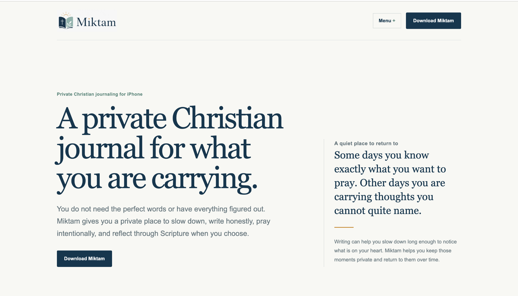 Miktam homepage showing the private Christian journaling message and Download Miktam call to action