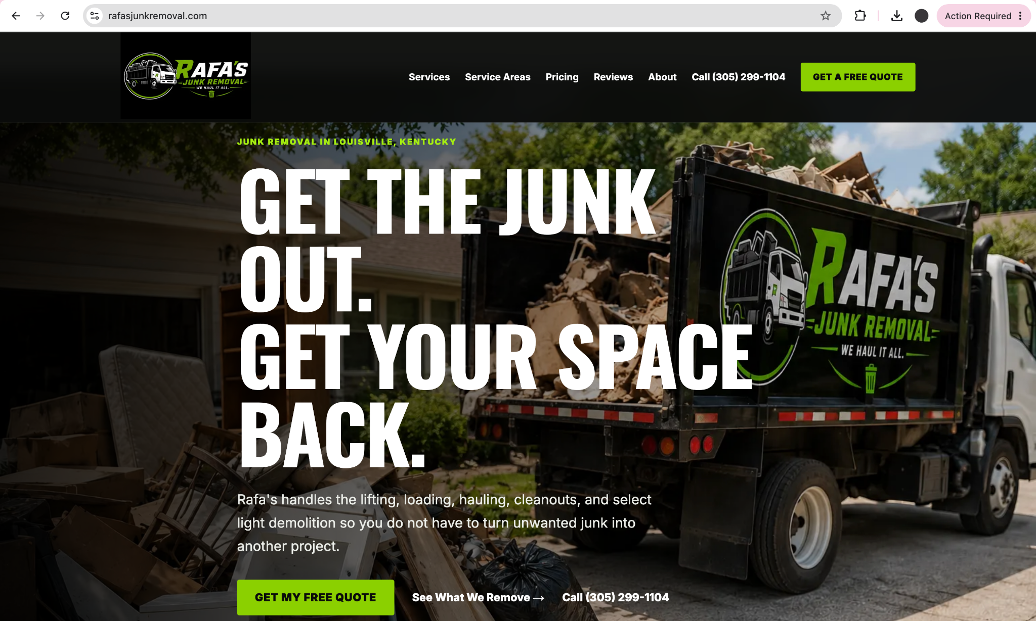 Rafa's Junk Removal homepage showing the Louisville junk removal hero, navigation, truck photo, and free quote call to action